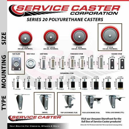 Service Caster Choice 176ICCASTER5 Replacement Caster with Brake CHO-SCC-20S514-PPUB-RED-TLB